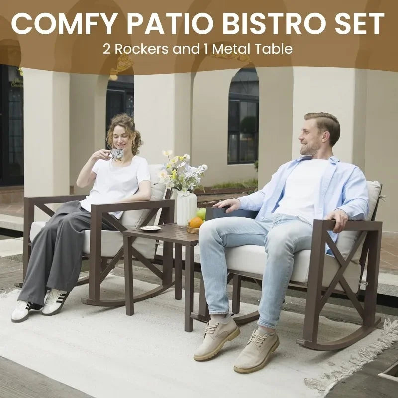 UDPATIO Rocking Chair Outdoor Set 2 with Coffee Table, 3 Piece Metal Rocking Bistro Set with 6.5" Water-Resistant Cushions