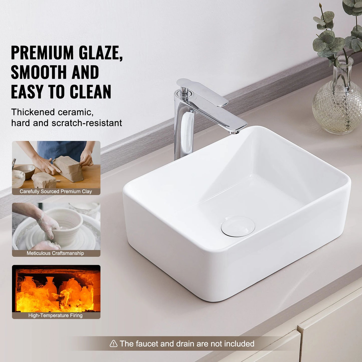 SucceBuy Rectangle Vessel Sink Bathroom Vessel Sink Countertop White Ceramic Bathroom Sinks Above Counter for Bathroom/Toilet