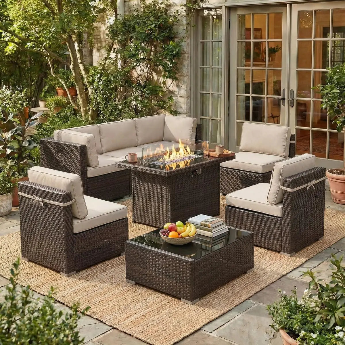 8 Piece Patio Furniture Set with Fire Pit Table, Outdoor Conversation Sets Wicker Rattan Sectional Sofa with Coffee, Custom