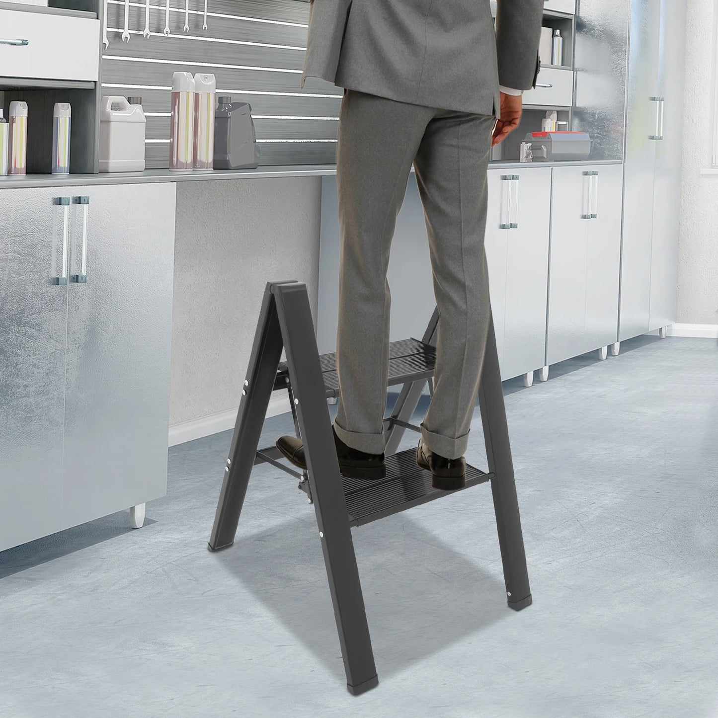 2-Step Foldable Aluminum Alloy Ladder 661lbs Load Capacity, Multi-use as Storage Shelf/Plant Stand for Home/Office, No Assembly