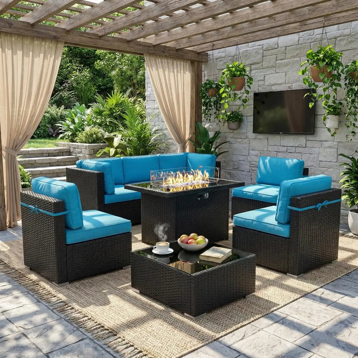 8 Piece Patio Furniture Set with Fire Pit Table, Outdoor Conversation Sets Wicker Rattan Sectional Sofa with Coffee, Custom