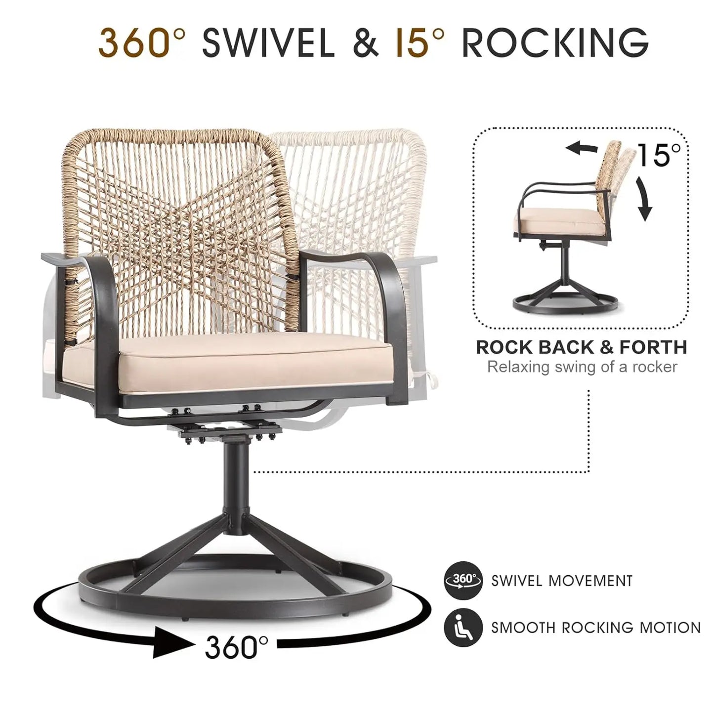 Patio Swivel Dining Chairs Set 4 Wicker Metal Cushioned Gentle Rocker Outdoor Backyard Lawn Garden Deck Porch, Custom