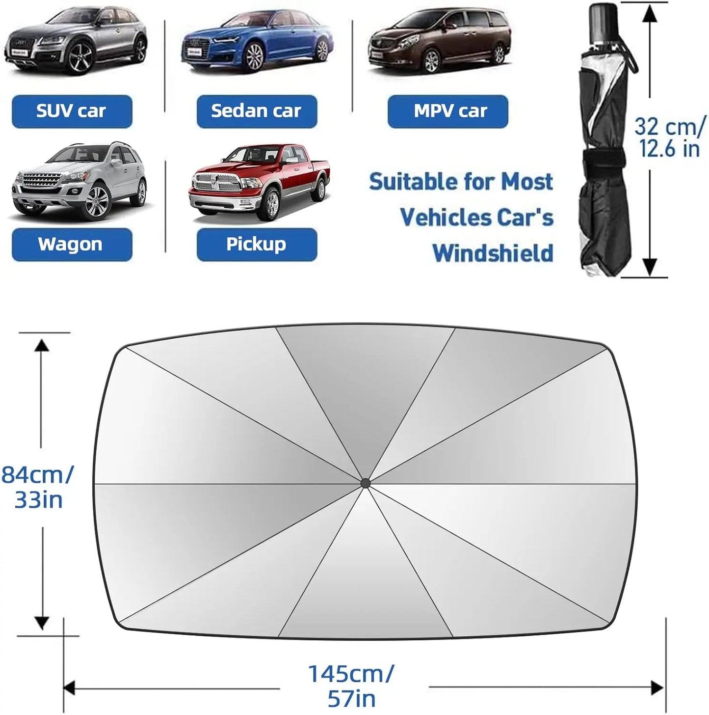 Foldable Car Sun Shade Umbrella, UV Block Windshield Cover for Heat Insulation, Large 57"x33" for Cars Trucks SUVs