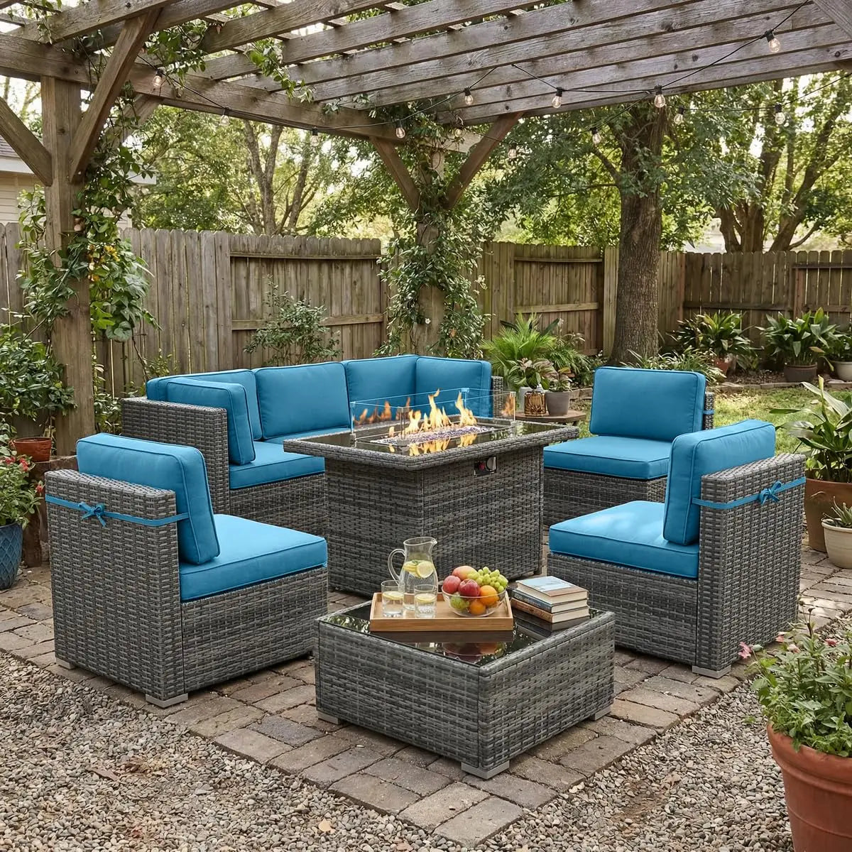 8 Piece Patio Furniture Set with Fire Pit Table, Outdoor Conversation Sets Wicker Rattan Sectional Sofa with Coffee, Custom