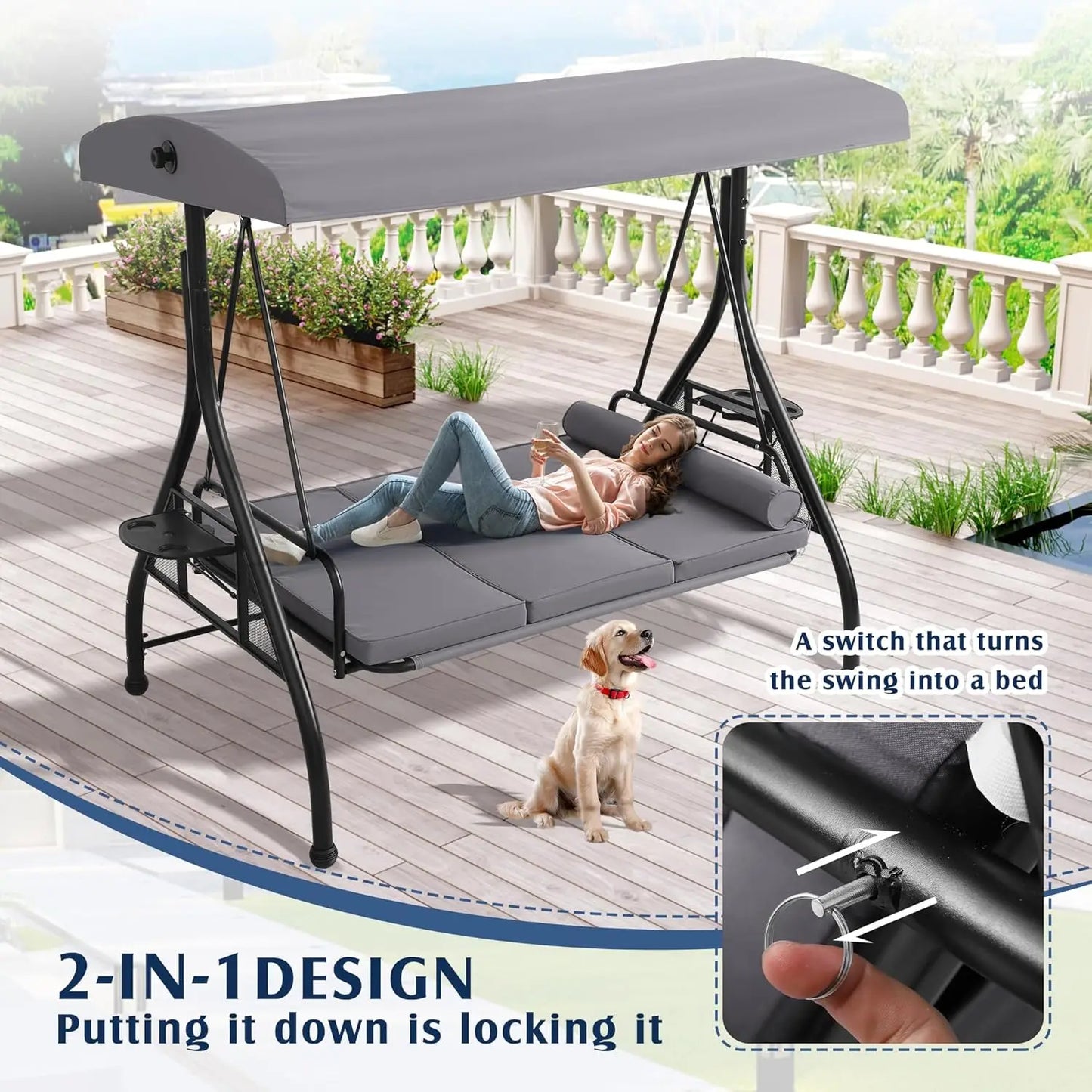 Outdoor Porch Swing with Canopy and Stand, 3 Person Patio Swing for Adults, Convertible 2 in 1 Porch Bed Swing , Customized