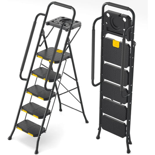5 Step Ladder with Tool Platform, Folding Step Stool with Handrails, Sturdy Steel Ladder with Wide Pedal, 800 LBS Porta