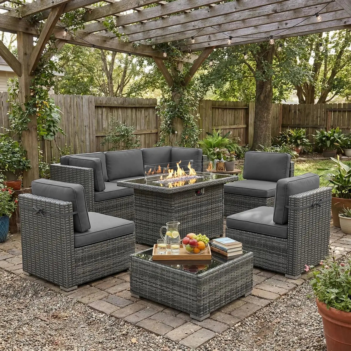 8 Piece Patio Furniture Set with Fire Pit Table, Outdoor Conversation Sets Wicker Rattan Sectional Sofa with Coffee, Custom