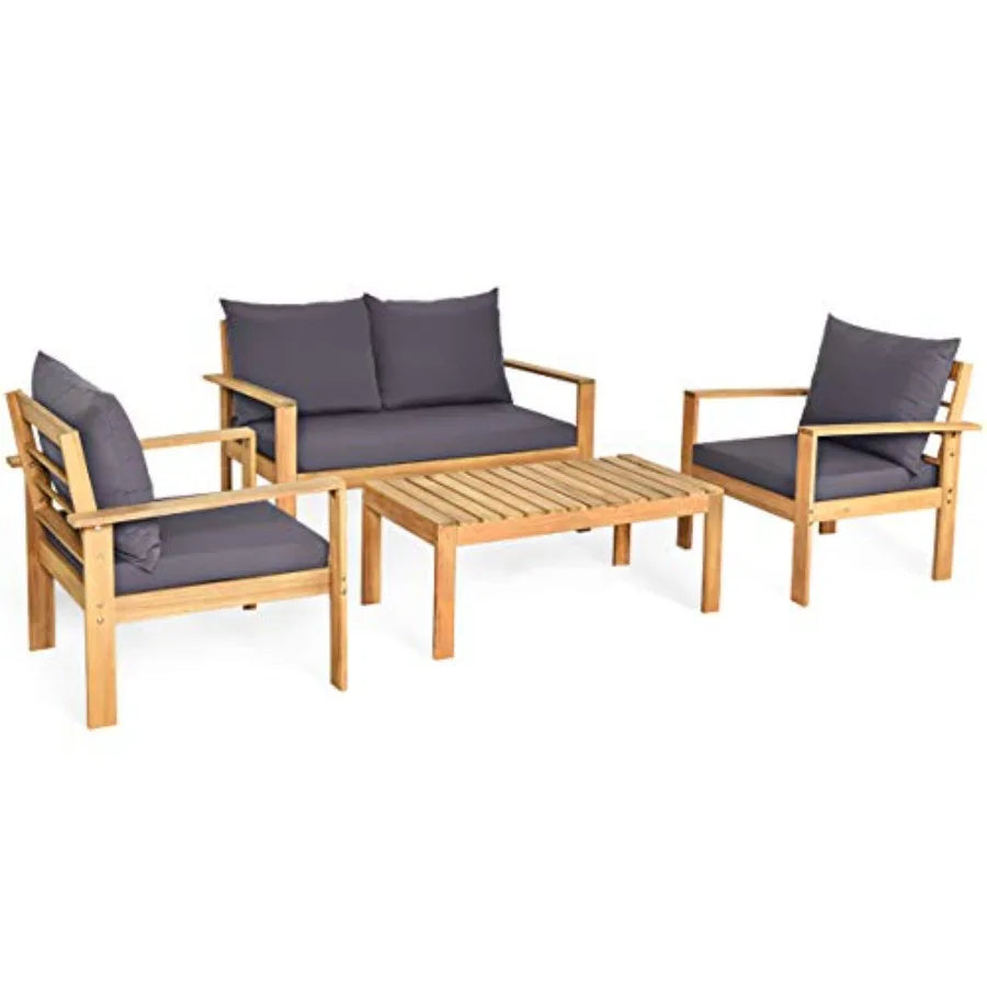 Outdoor 4-Piece Acacia Wood Chat Set 4 Seater Acacia Wood Conversation Sofa and Table Set with Waterproof Furniture Co