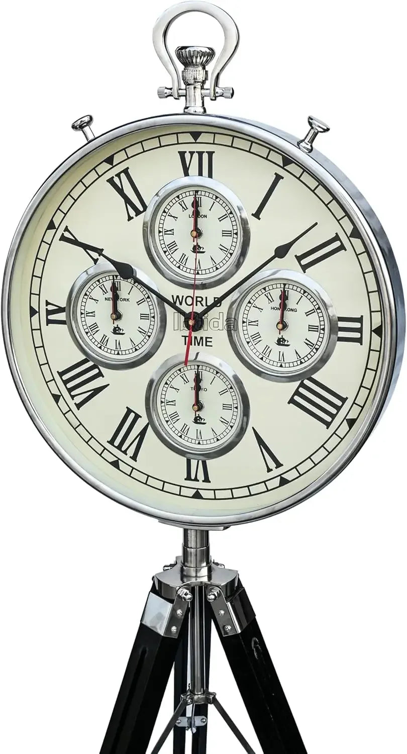 Vintage Tripod Floor Standing World Time Clock – Roman Numerals | Classic Metal Design | Home & Office Decor
