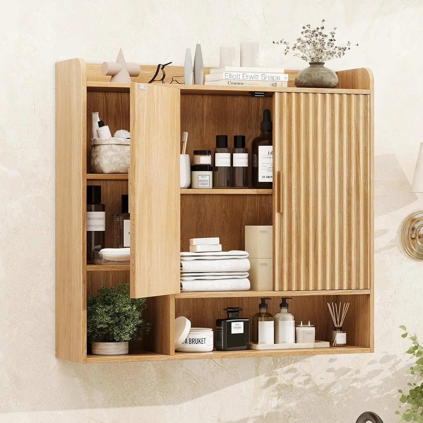 Fluted Bathroom Wall Cabinet, Wooden Medicine Cabinet Organizer with 2 Doors and Adjustable Shelf, Over The Toilet, Customized