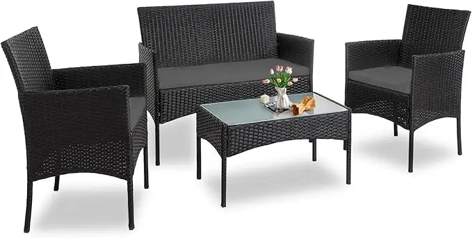 4 Piece Outdoor Wicker Patio Conversation Furniture Set, Rattan Chair Wicker Sofa Garden Conversation Sets with Cushion and Gla