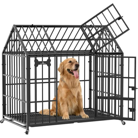 Heavy Duty Dog Crate 42 Inch,XL Large/Medium Pet Dog Cage Kennel Indoor,Steel Ese Proo Cage with Roo Top 2 DoRemovable Trays,Loc