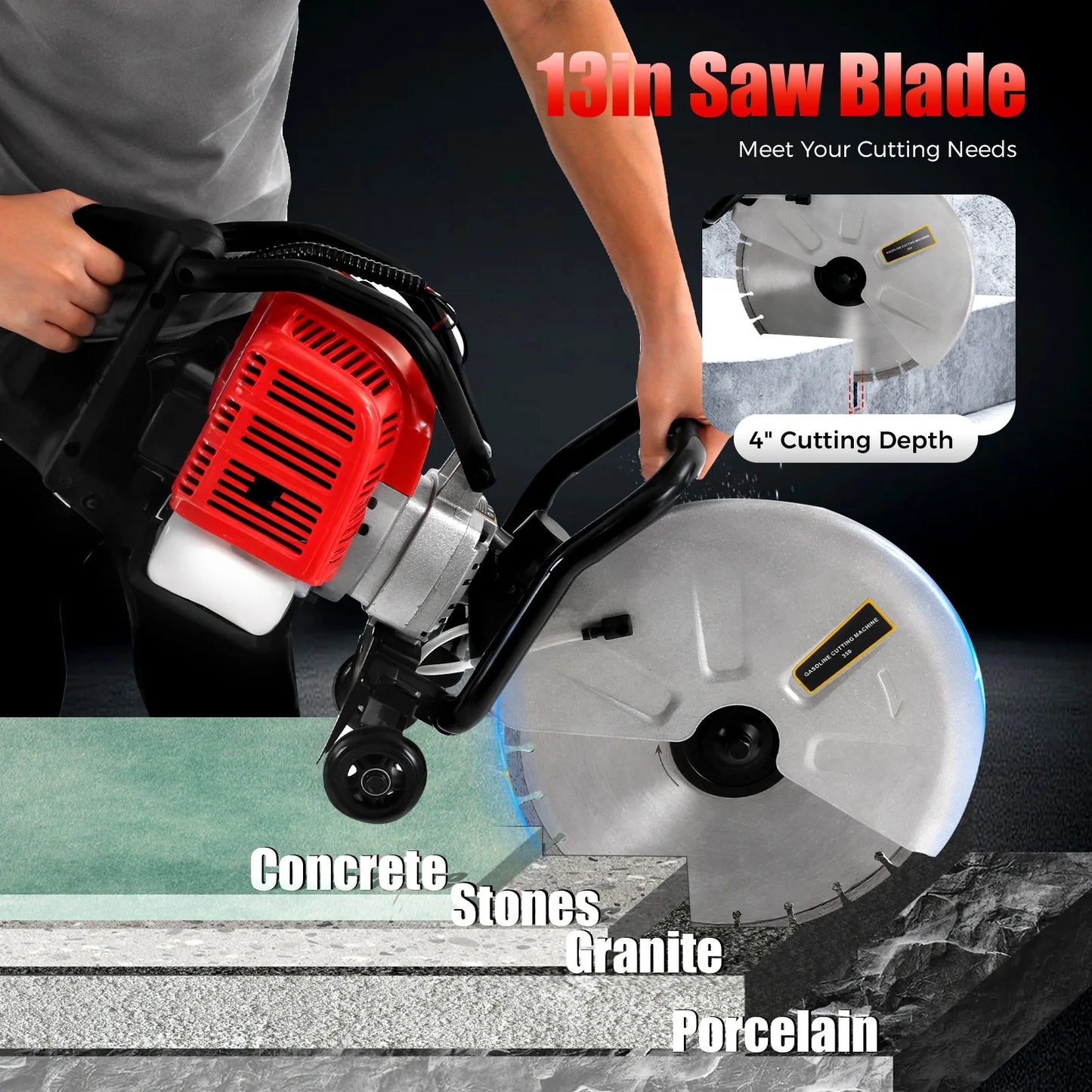 1400W Gasoline Concrete Cutting Saw Concrete Cutter Saw 52cc 2-Stroke Slotting Machine Saw for Cement Blocks, Stones