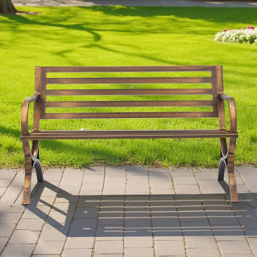 50 Carbon Steel Outdoor Bench with Slatted Backrest, Weatherproof for Patio, Garden, Antique Bronze