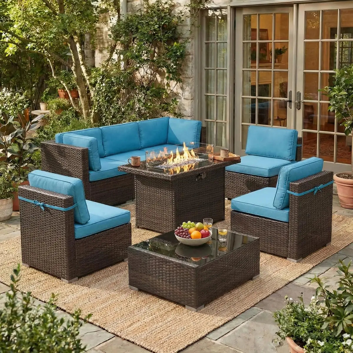 8 Piece Patio Furniture Set with Fire Pit Table, Outdoor Conversation Sets Wicker Rattan Sectional Sofa with Coffee, Custom