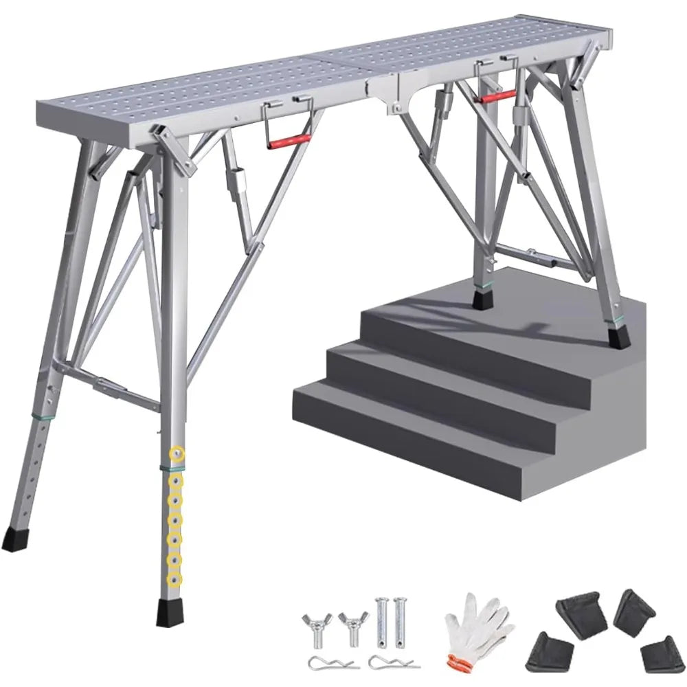 Scaffolding Platform Adjustable Height, Folding Work Platform, Aluminum Portable Scaffolding Ladder, Non-Slip Portable W