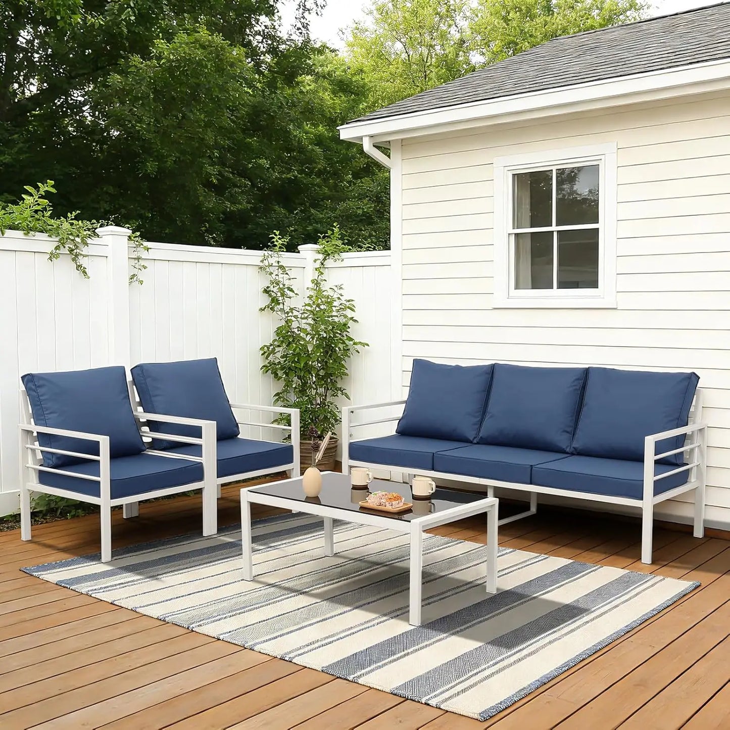 4-Piece Patio Furniture Set White Outdoor Metal Frame Sofa with High Backrest Seating Glass Coffee Table All-weather, Custom
