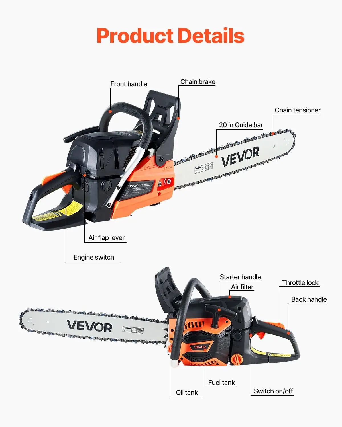 as Chainsaw 58CC 2-Cycle Powered Chainsaw 20 Inch Handheld Cordless Garden and Farm Cutting Use
