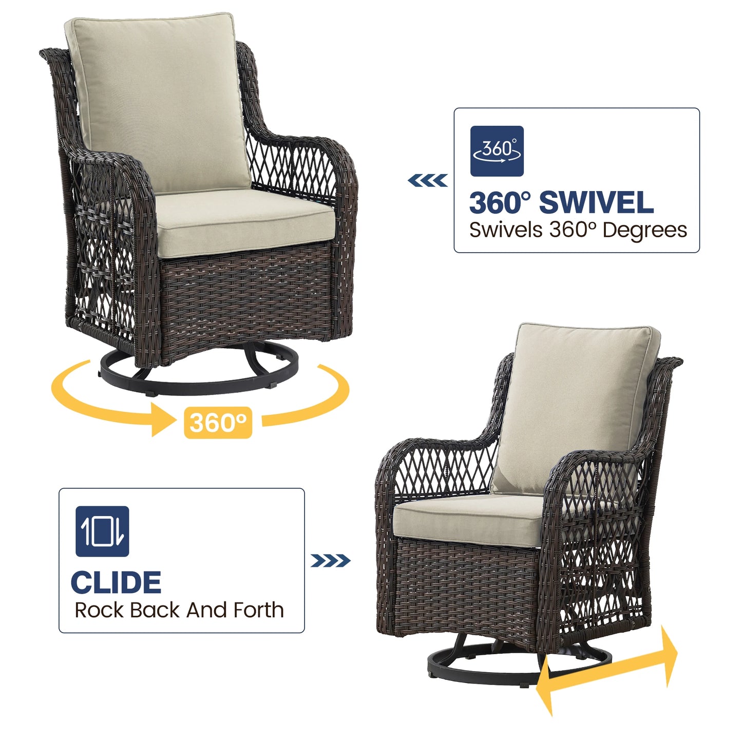 3 Pieces Outdoor Wicker Swivel Chair Set, Swivel Rocking Chairs Set of 2 with Rattan Side Table, 360-Degree Swivel Rocking Chair
