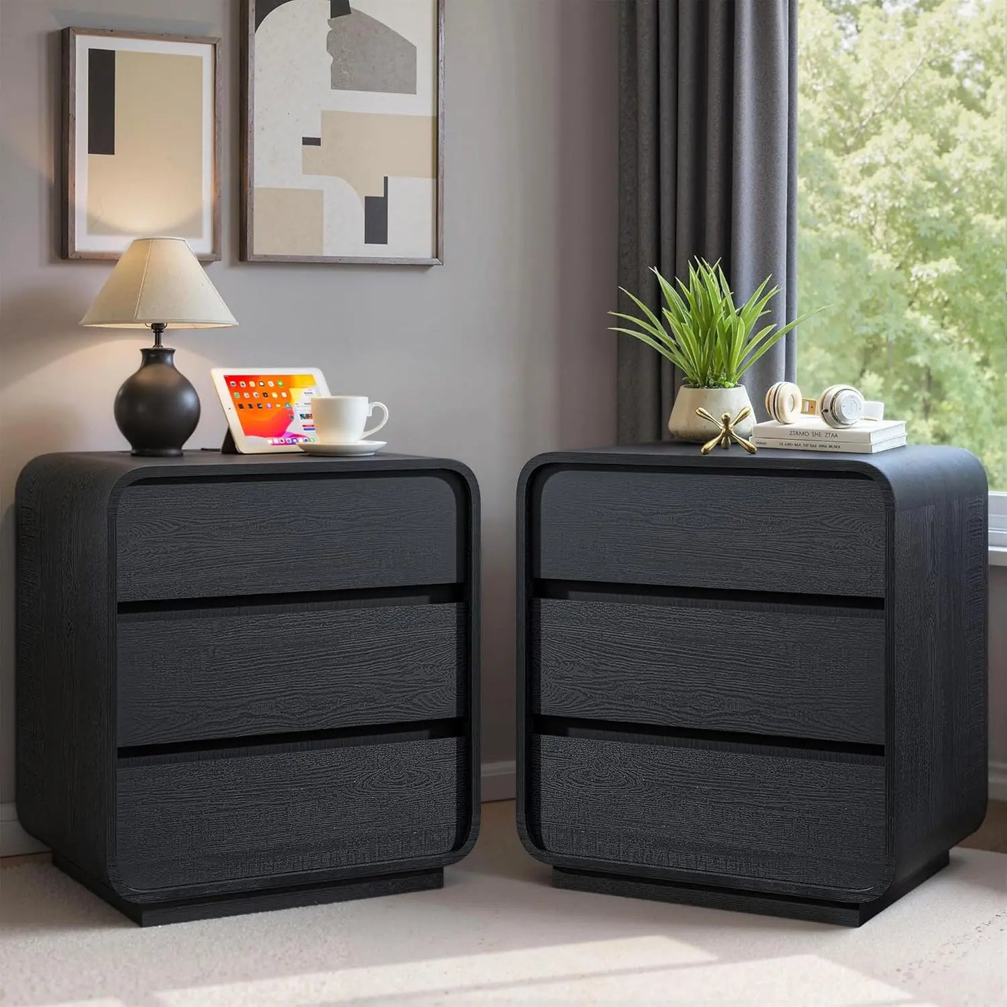 Walnut Curved Nightstand Set of 2, 23.2" Wide Wood Bedside Table with Charging Station, 3 Storage Drawers Night, Customized