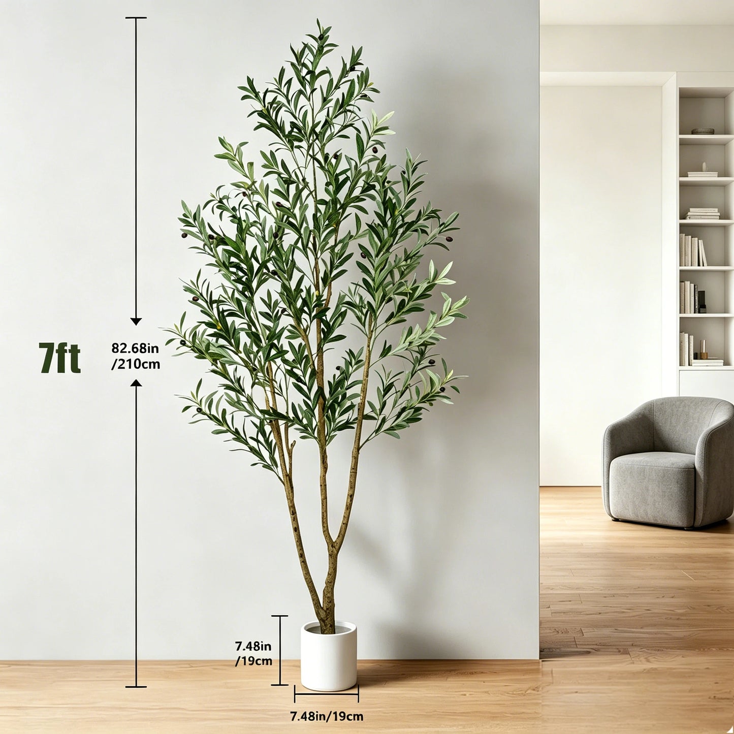 5/6/7ft Olive Trees Artificial Indoor Outdoor Faux Olive Tree with White Tall Planter, Artificial Plants with Natural Wood Trunk and Lifelike Fruits for Home Office Decor