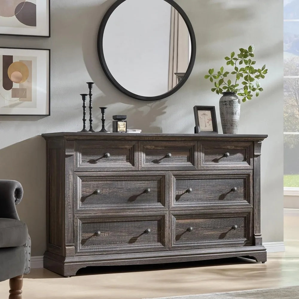 7 Drawer Rustic Wood Dresser 54" Wide Roman Column Storage Bedroom Living Room Closet Custom