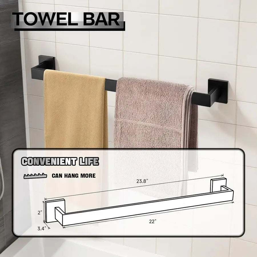 Matte Black Bathroom Hardware Accessories Set Including 23.6 Inch Bath Towel Bar, Towel Rings, Bath Toilet Paper Holders, Robe