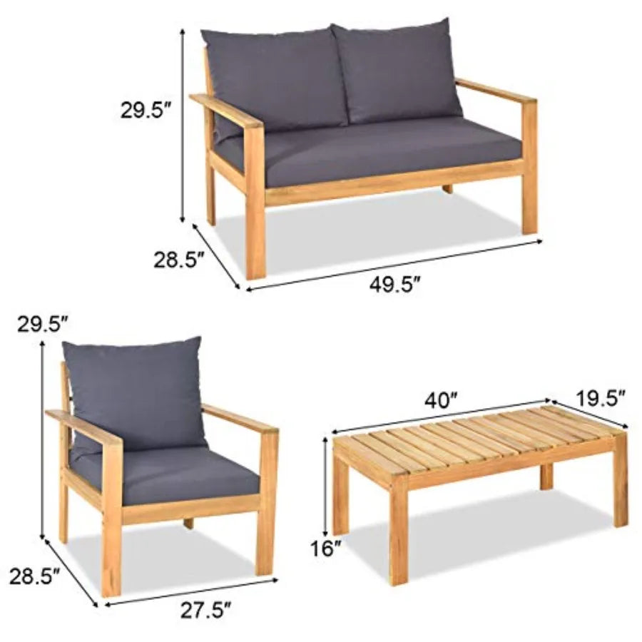 Outdoor 4-Piece Acacia Wood Chat Set 4 Seater Acacia Wood Conversation Sofa and Table Set with Waterproof Furniture Co