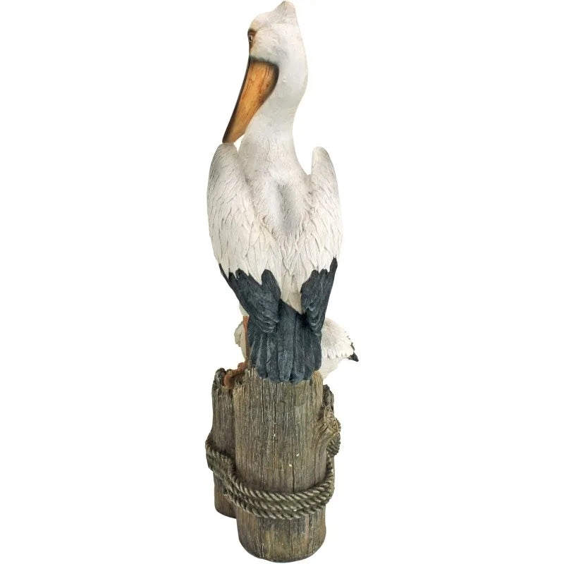 Coastal Decor Ocean's Perch Pelicans Garden Bird Statue, 9 Inch Wide, 24 Inch Tall, Cast Stone Resin, Full Color