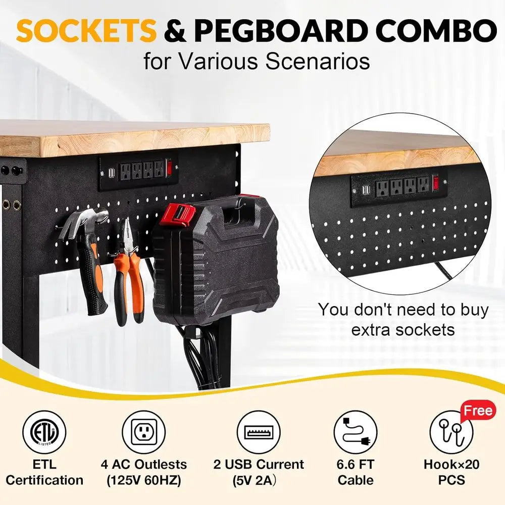 60 Adjustable Height Heavy-Duty Workbench, 2000 lbs Capacity, Rubberwood Construction, Black Steel Frame
