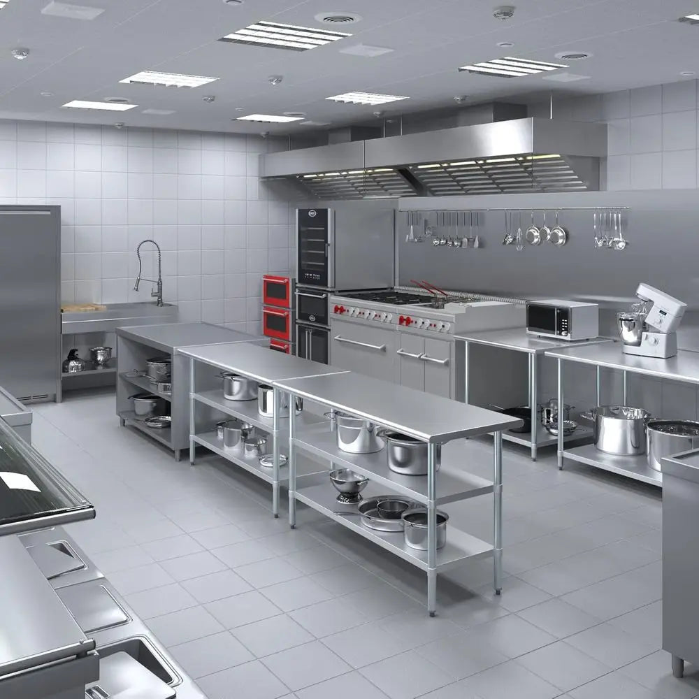 Dual-Shelf Stainless Steel Work Table with Optional Wheels - Select from 43 Sizes for Kitchen or Utility Use