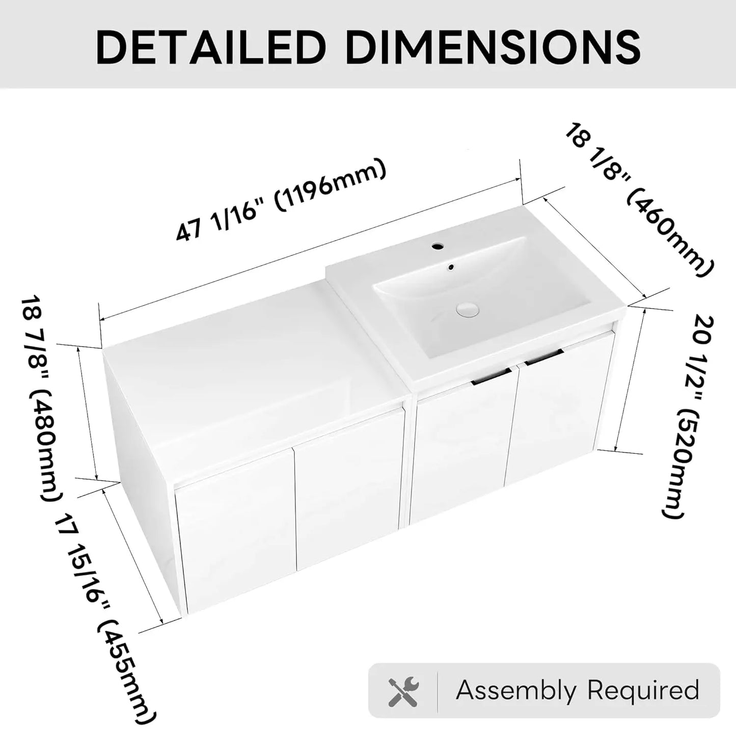 48" Wall Mounted Bathroom Vanity Resin Sink Soft Close Storage Cabinet Modern Glossy White, Customized