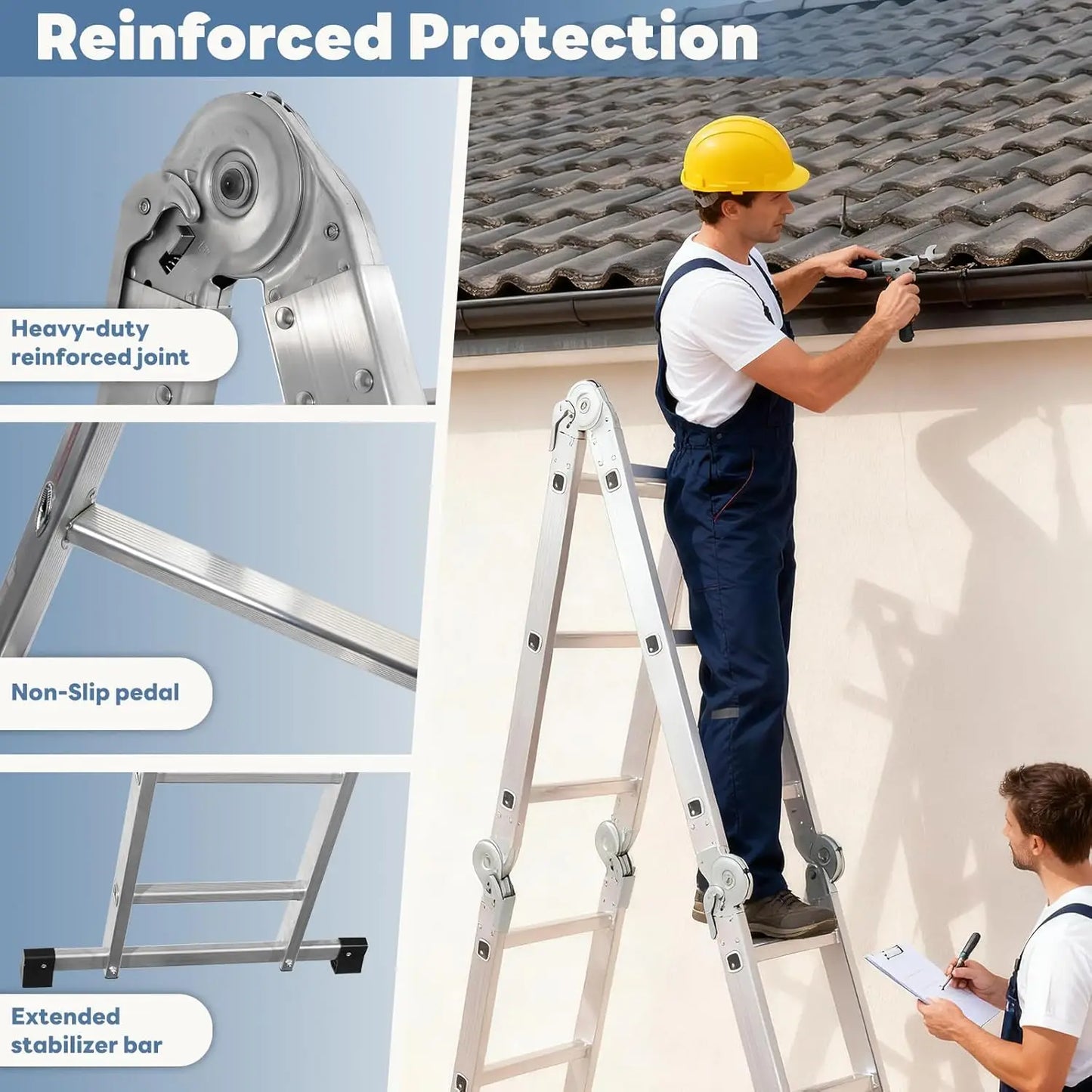 Multi-Purpose Folding Ladder,7 in 1 Aluminium Heavy Duty Collapsible Tall Extension Adjustable Step Ladder for Home Roof RV Work