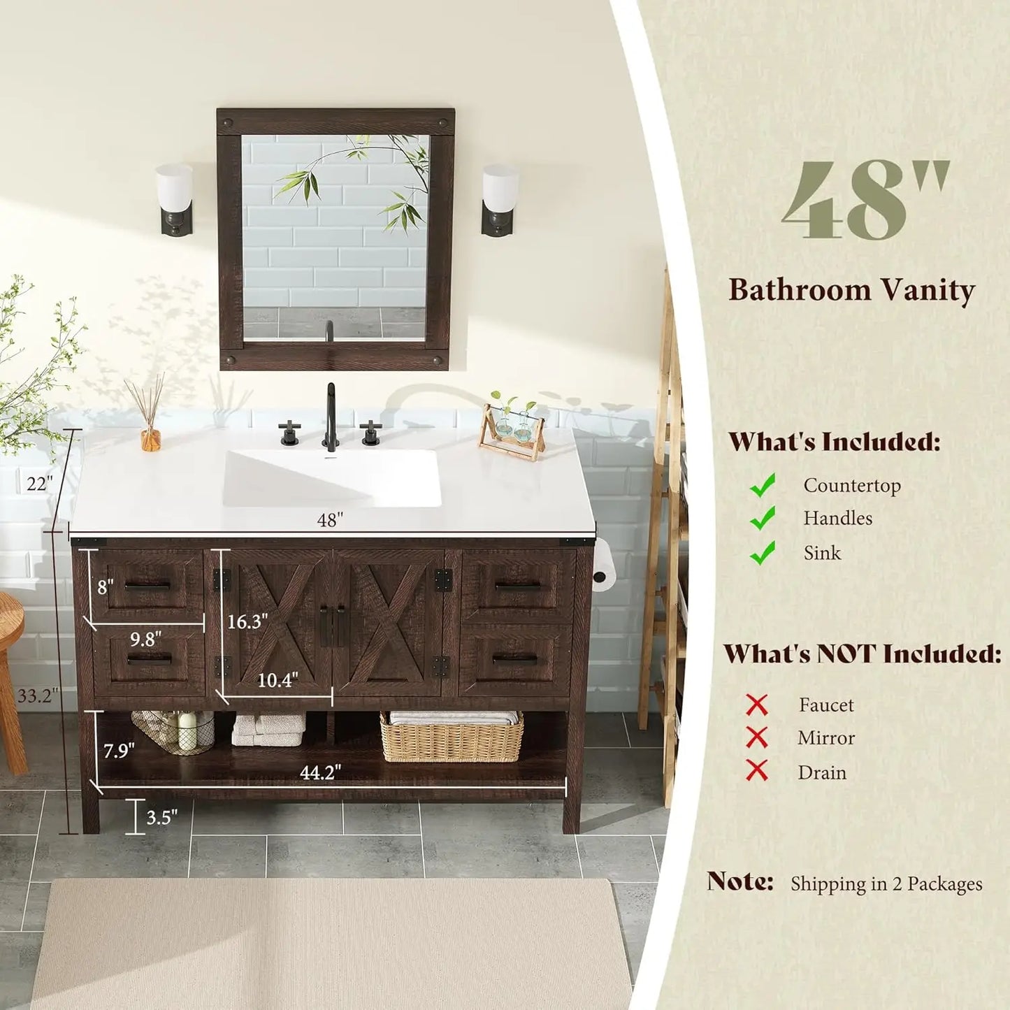 48” Farmhouse Bathroom Vanity with Sink, Freestanding Cabinet with 4 Drawers, Double Barn Doors & Open Shelf, Rustic Storage