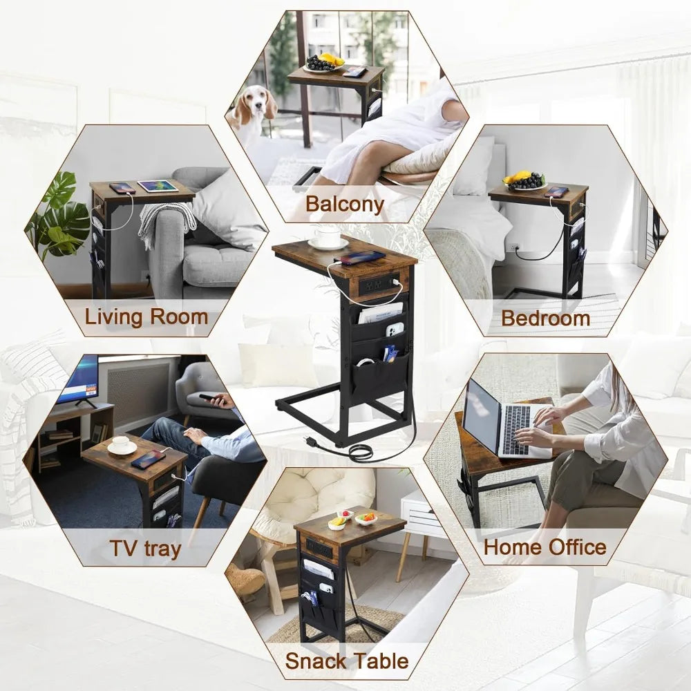 C Shaped End Table With Charging Station, TV Tray Set Of 2, Couch Tables With Storage Bag, Slide Under Sofa Side