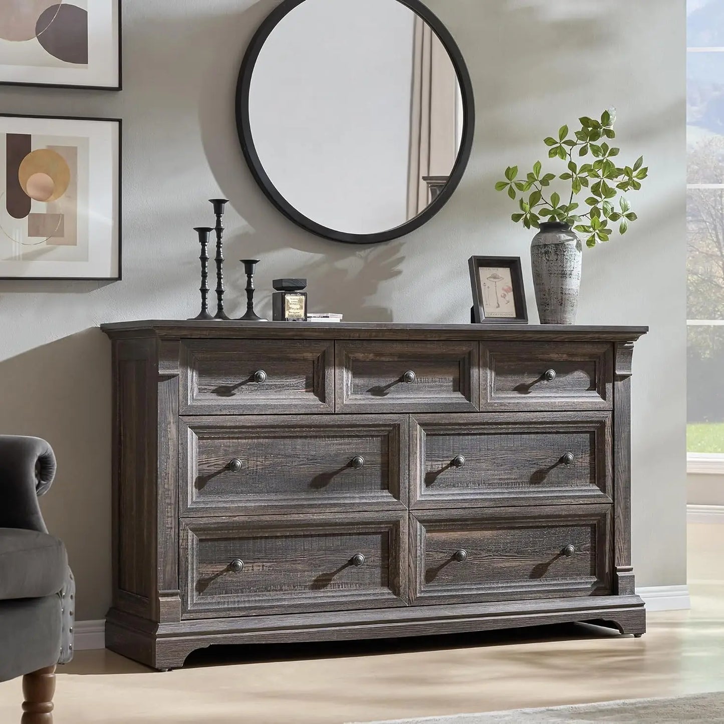 7 Drawer Rustic Wood Dresser 54" Wide Roman Column Storage Bedroom Living Room Closet Custom