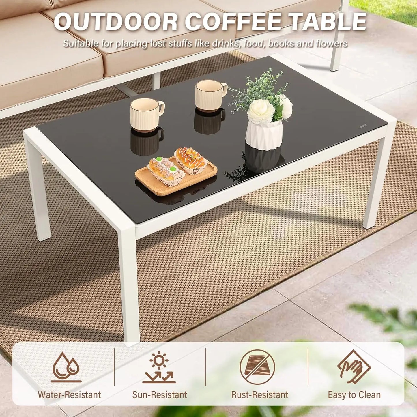 4-Piece Patio Furniture Set White Outdoor Metal Frame Sofa with High Backrest Seating Glass Coffee Table All-weather, Custom