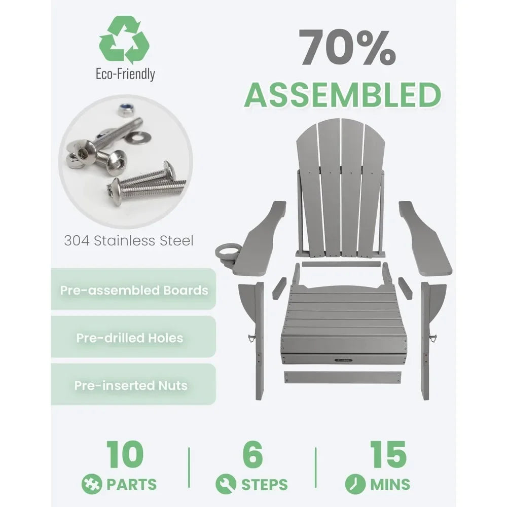 Ciokea Folding Adirondack Chair Wood Texture, Patio Chair Weather Resistant, Plastic Fire Pit Chair with Cup Holder, for Lawn