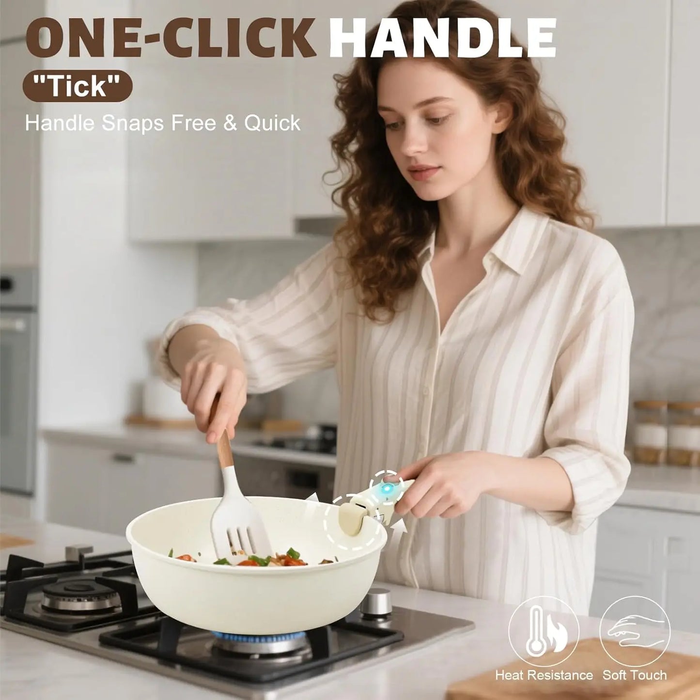10 Piece Pots and Pans Set with Detachable Handle, Ceramic Cookware Set for Stackable Storage, Induction Compatible, Dishwasher