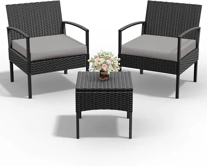 4 Piece Outdoor Wicker Patio Conversation Furniture Set, Rattan Chair Wicker Sofa Garden Conversation Sets with Cushion and Gla