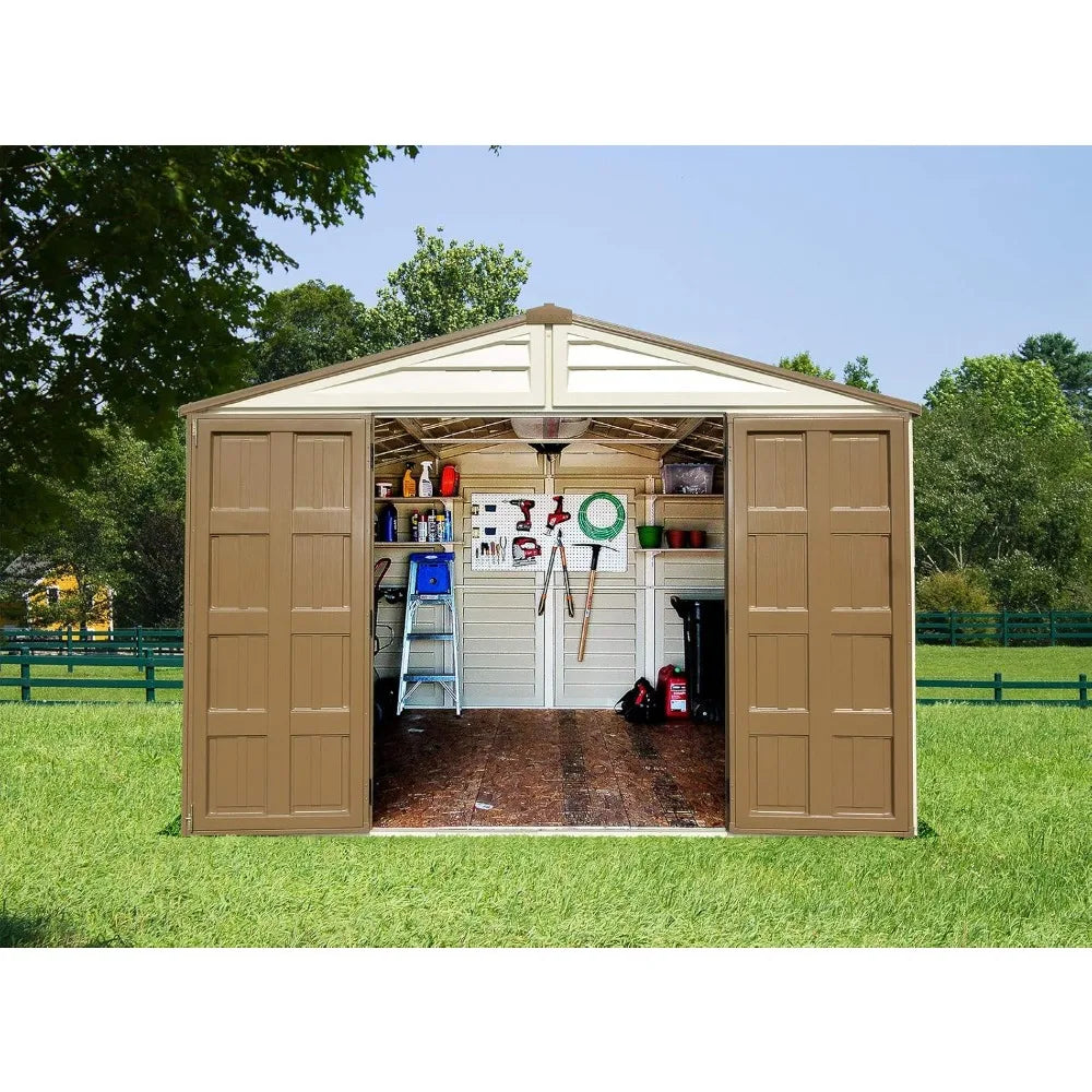 Duramax Woodbridge Plus 10.5 x 8 (8.02 m2) Plastic Garden Shed with 1 Fixed Window & Metal Foundation Kit, Strong Metal Roof Str