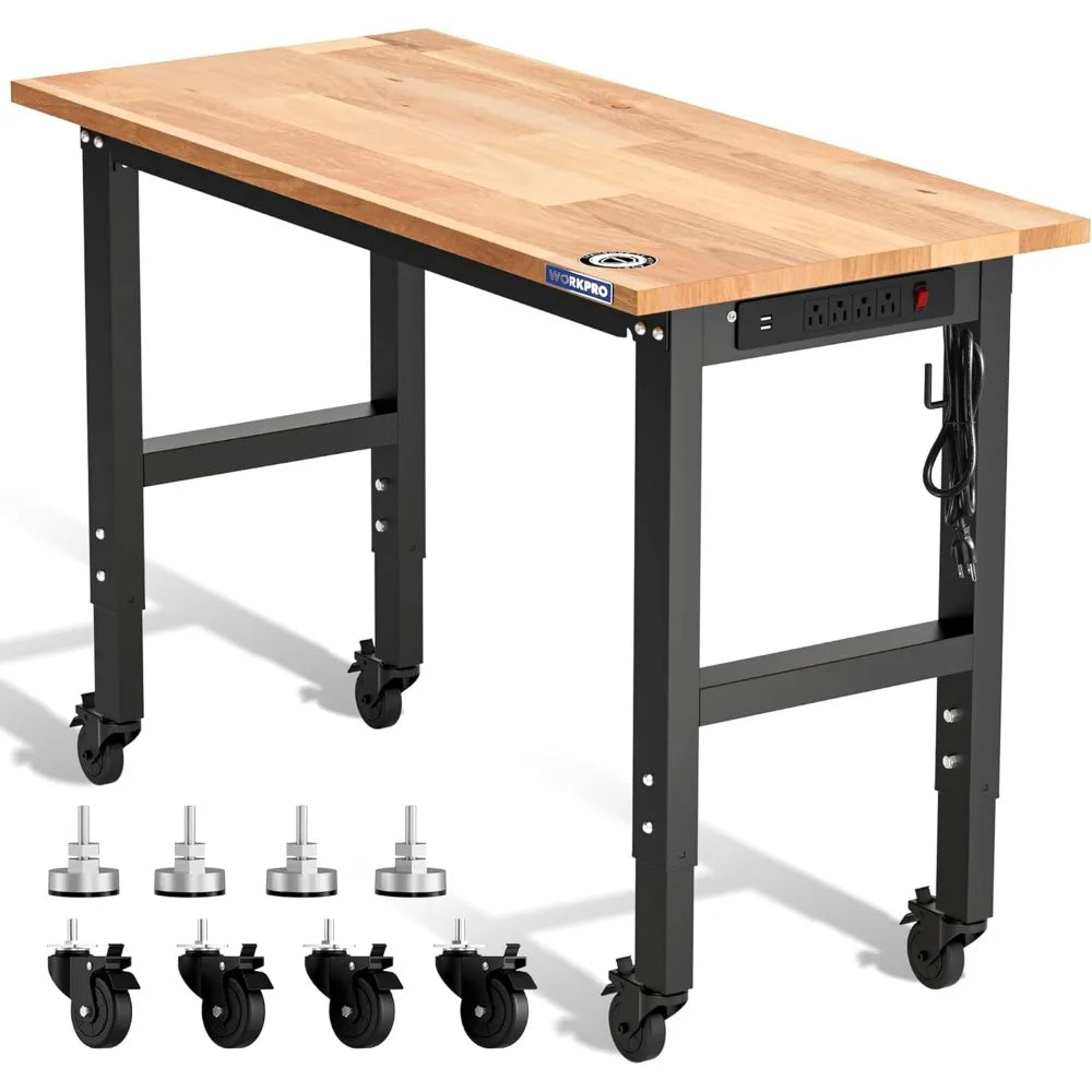 Garage Workbench, 48X22 Adjustable Workbench with Wheels and Leveling Foot, Rubber Wood Top Work Desk with Power Outlets