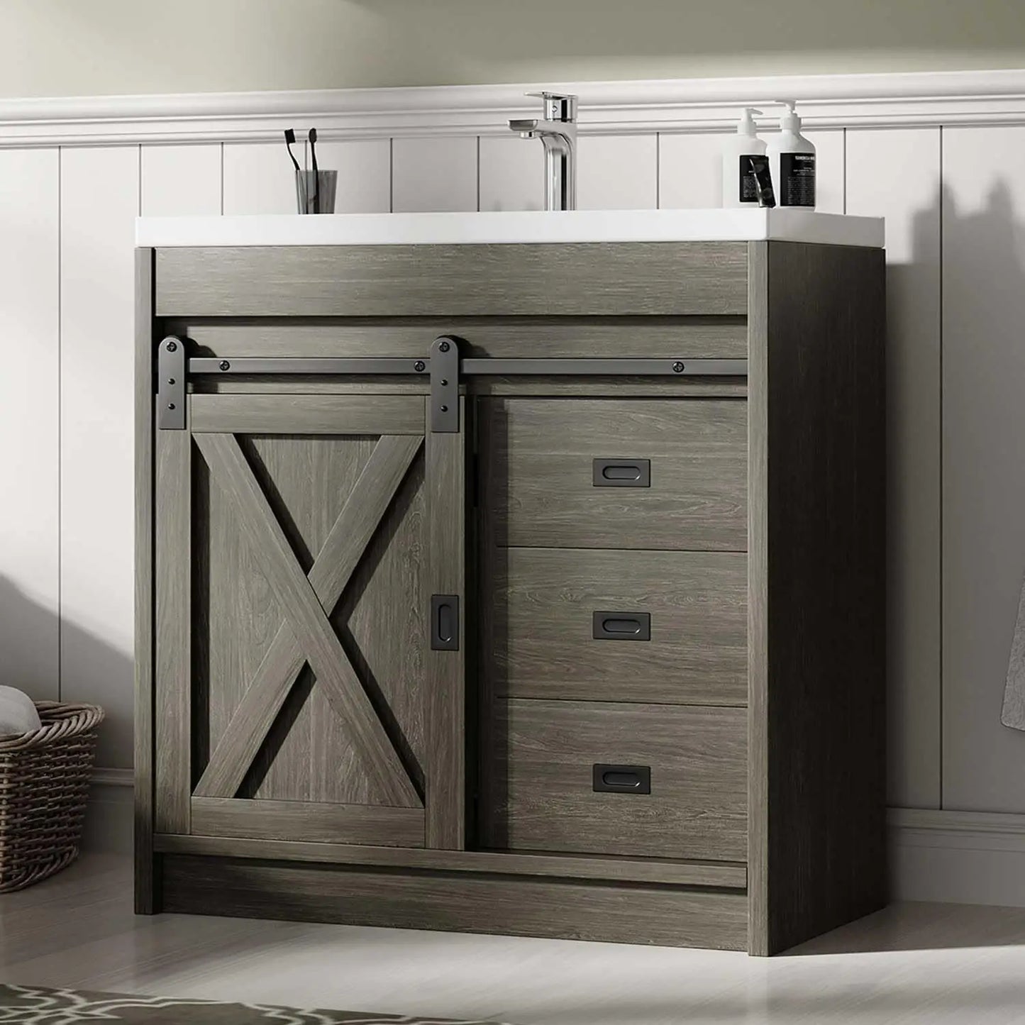 White Farmhouse Bathroom Vanity with Sink Small Vanity Cabinet Featuring 2 Drawers And Sliding Barn Door Customizable Design