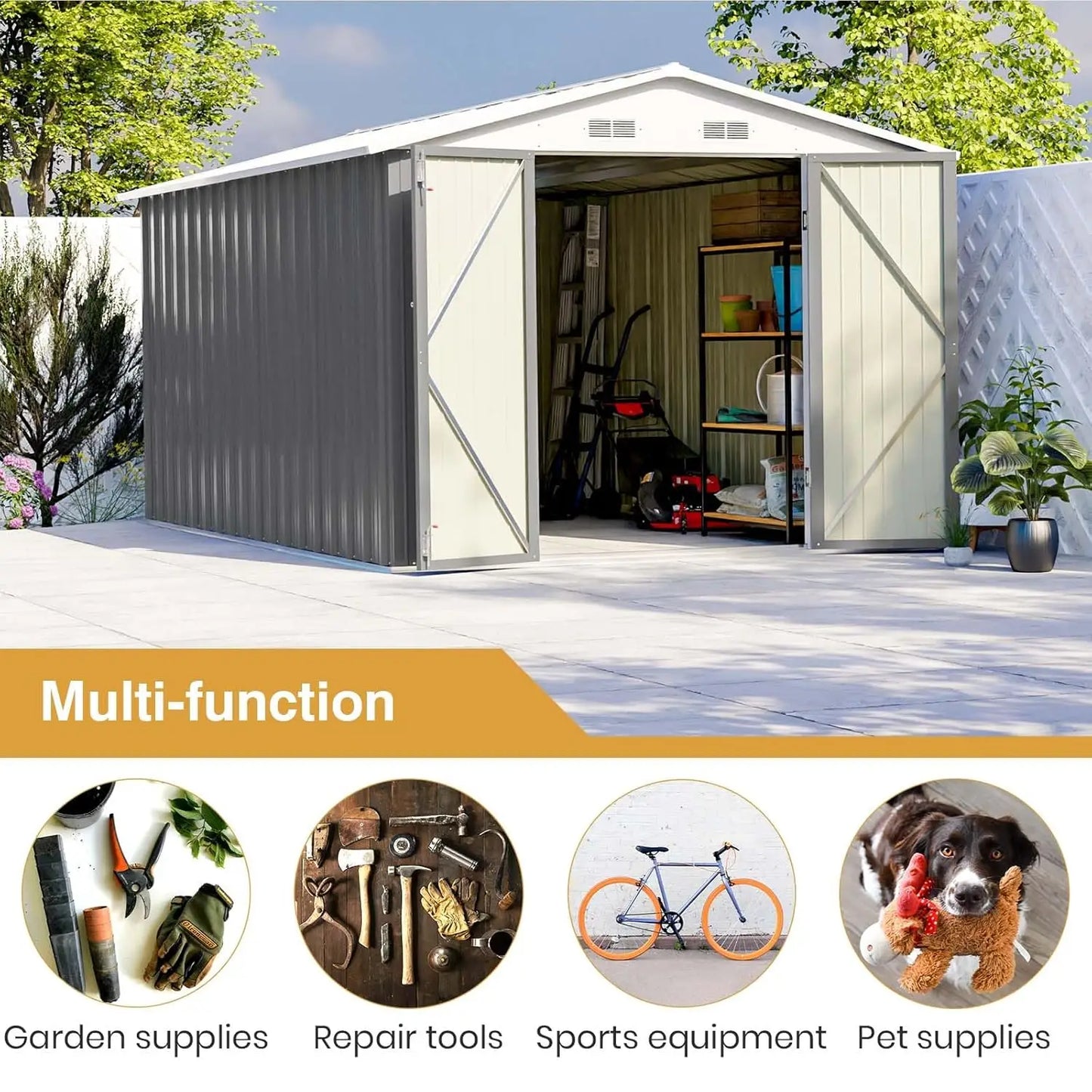 12x8 FT Outdoor Metal Storage Shed Lockable Door Tool Garden Backyard Patio Gray, Custom