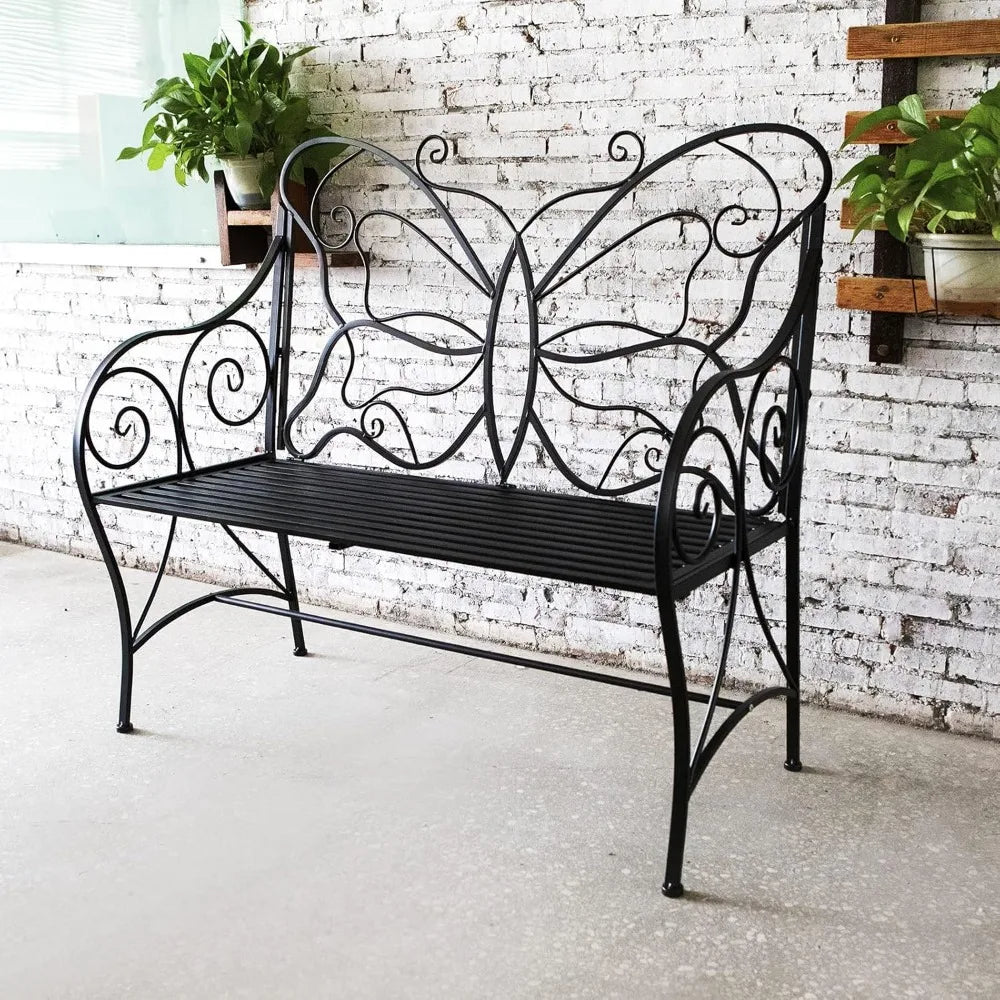 Outdoor Bench Weatherproof, Metal Antique Garden Bench Indoor/Outdoor, Double Seat with Decorative Butterfly Cast Iron Backrest