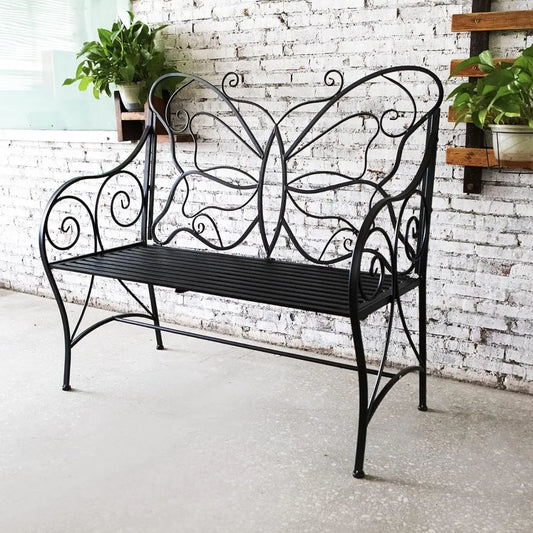 Outdoor Bench Weatherproof, Metal Antique Garden Bench Indoor/Outdoor, Double Seat with Decorative Butterfly Cast Iron Backrest