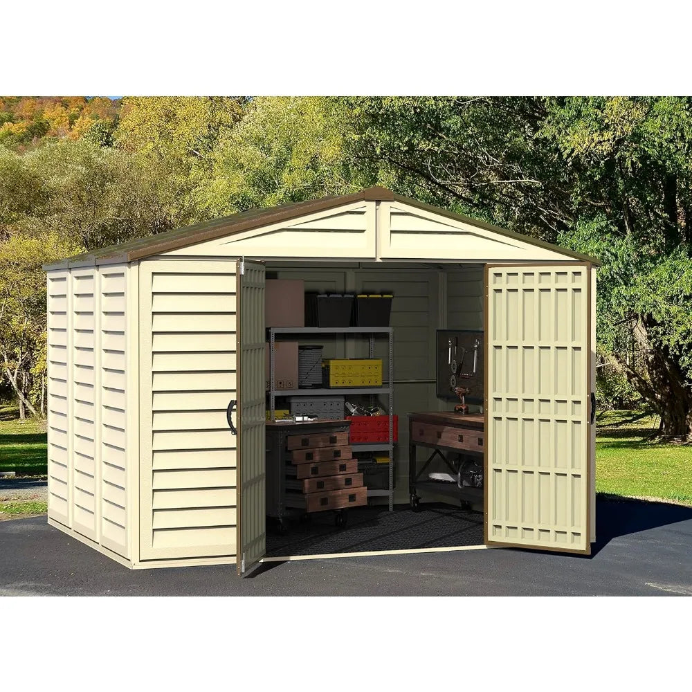 Duramax Woodbridge Plus 10.5 x 8 (8.02 m2) Plastic Garden Shed with 1 Fixed Window & Metal Foundation Kit, Strong Metal Roof Str