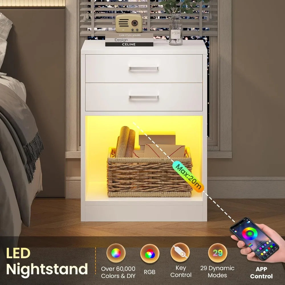 Modern LED Nightstand Set of 2 with Charging Station, USB Ports & Drawers, White Bedside Table for Bedroom Living Room