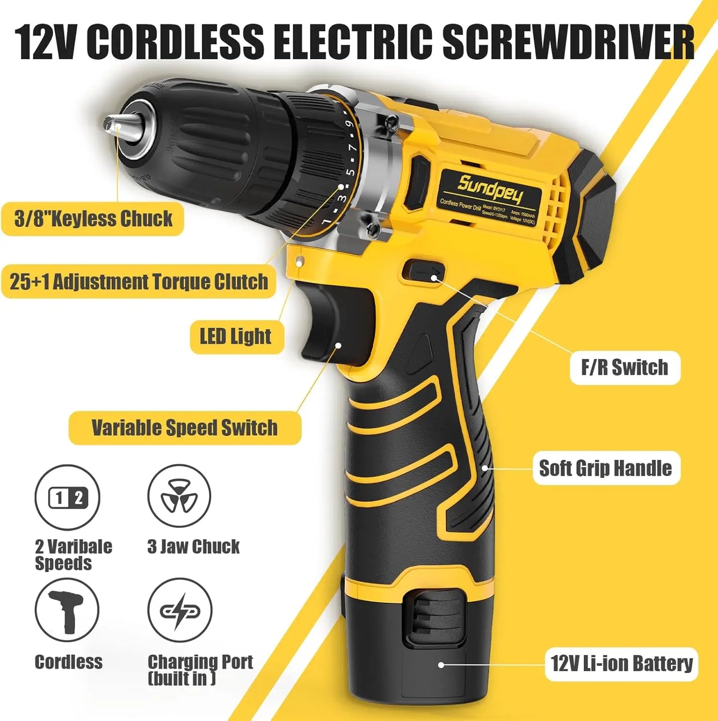 166-Piece Home Tool Kit with 12V Cordless Drill, General Household Repair Set with Battery & Charger in Portable Case