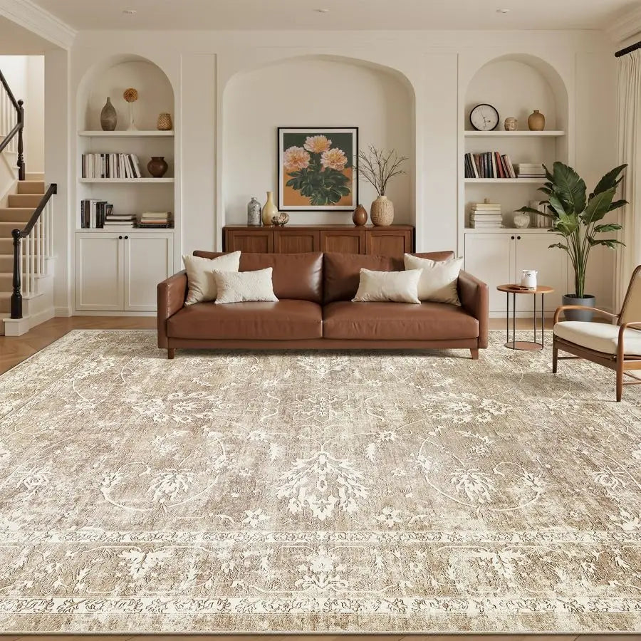 8x10 Area Rugs for Living Room, Machine Washable Vintage Natural Rug with NonSlip Backing, Soft Large Throw Rug, Thin Carpet for